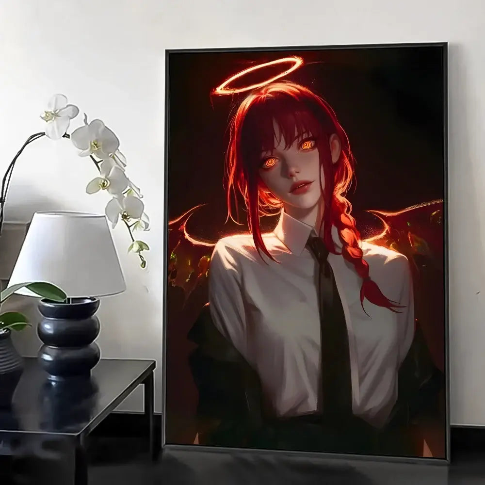 A framed chainsaw man wall poster featuring a red-haired anime girl with glowing eyes and an angelic halo
