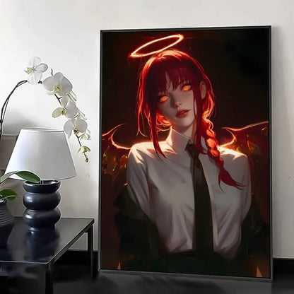 A framed chainsaw man wall poster featuring a red-haired anime girl with glowing eyes and an angelic halo