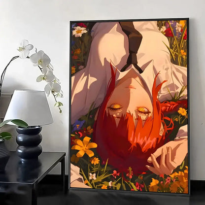 A chainsaw man makima wall poster featuring a framed anime artwork of a red-haired character with golden eyes among pastel wildflowers