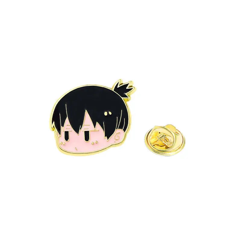 Gold-rimmed chainsaw man enamel pin featuring chibi anime character with black hair and pink cheeks brooch badge