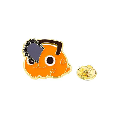Orange enamel chainsaw man pochita pin with black and gold accents cute cartoonish brooch badge accessory