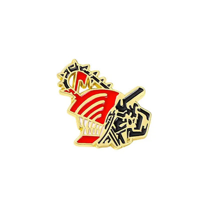 Chainsaw man pochita enamel pin featuring a red and black angular design with gold-tone metal edges and brooch badge style