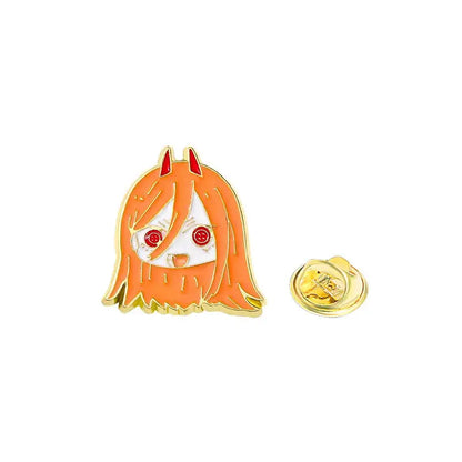 Chainsaw man pochita enamel pin with orange hair red eyes small horns and gold-tone metal outline brooch badge