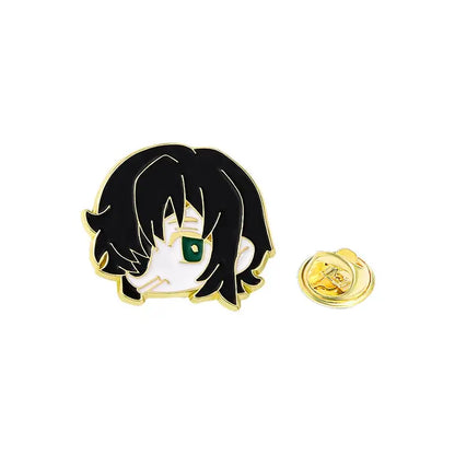 Black and white enamel pin of chainsaw man pochita with green eye and gold trim anime brooch badge