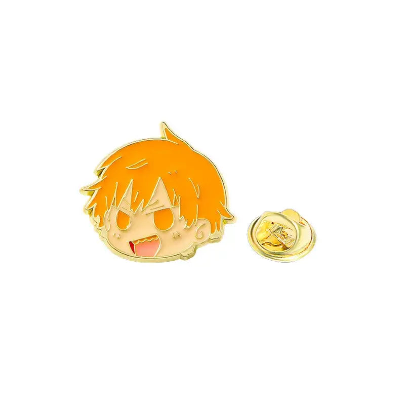 Golden enamel pin featuring chibi-style chainsaw man pochita with spiky orange hair and wide expressive eyes