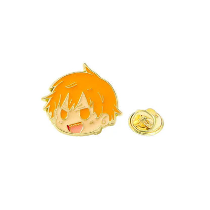 Golden enamel pin featuring chibi-style chainsaw man pochita with spiky orange hair and wide expressive eyes