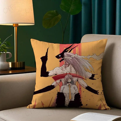 Yellow brushed fleece pillow case with custom printed anime character with silver hair and black horns on orange background