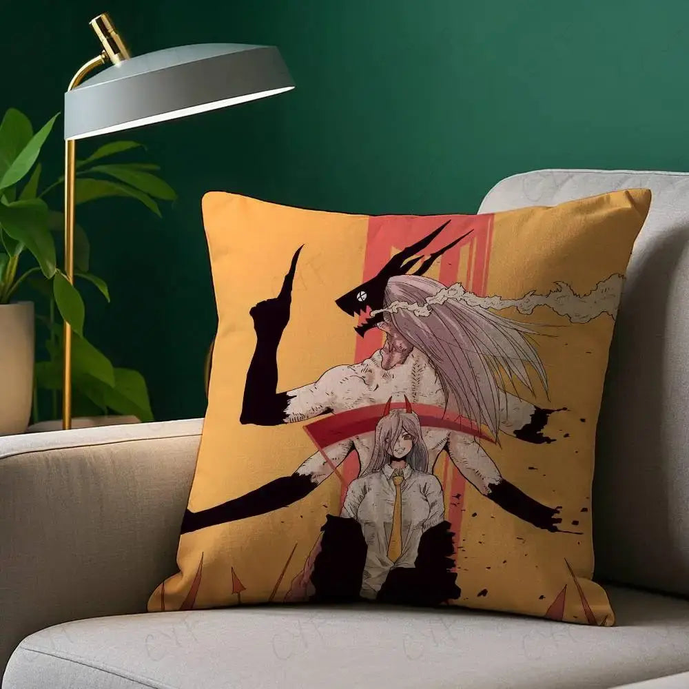 Yellow cushion pillow case featuring custom printed anime illustration on brushed fleece material