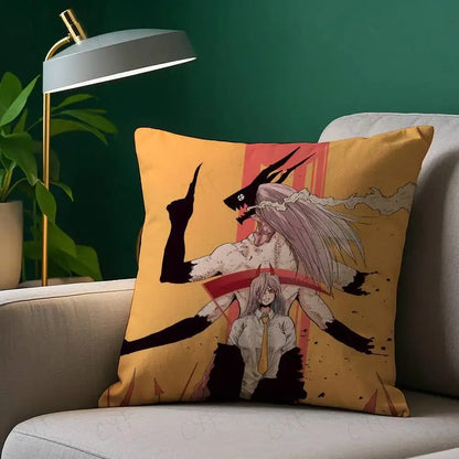 Yellow cushion pillow case featuring custom printed anime illustration on brushed fleece material