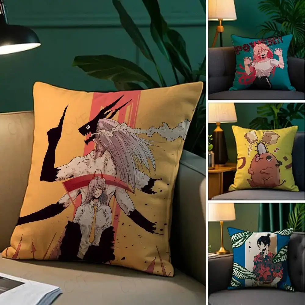 Yellow brushed fleece pillow case with custom printed anime character featuring silver hair and black horns