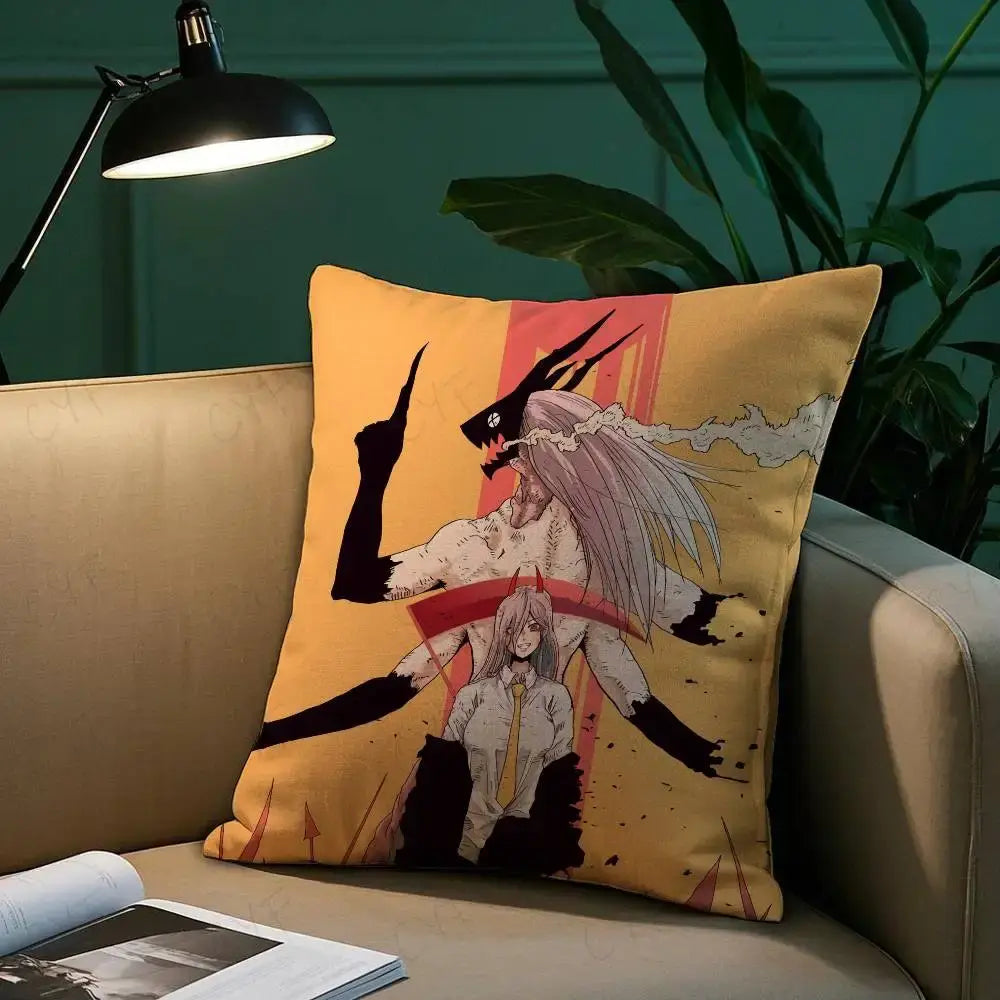 Yellow brushed fleece pillow case featuring custom printed anime style monstrous figure and formal character design