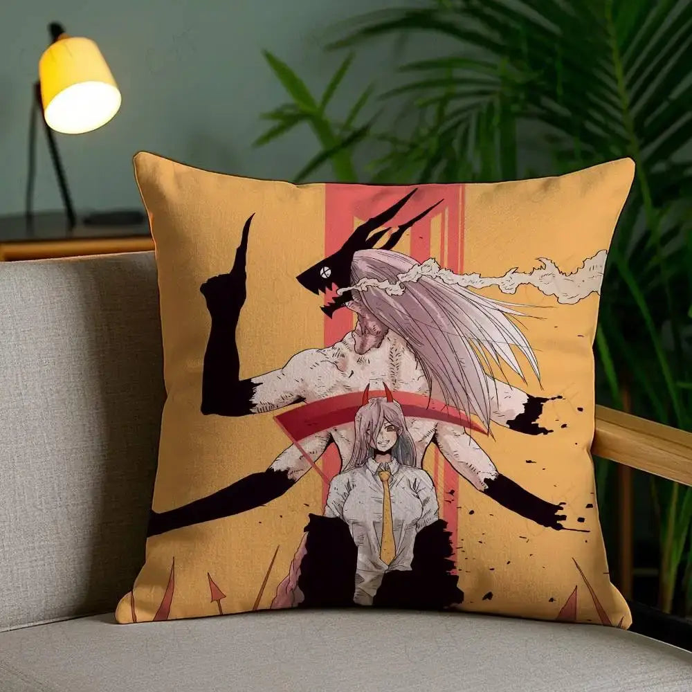 Yellow brushed fleece pillow case featuring a custom printed anime character with silver hair and black horns on orange background