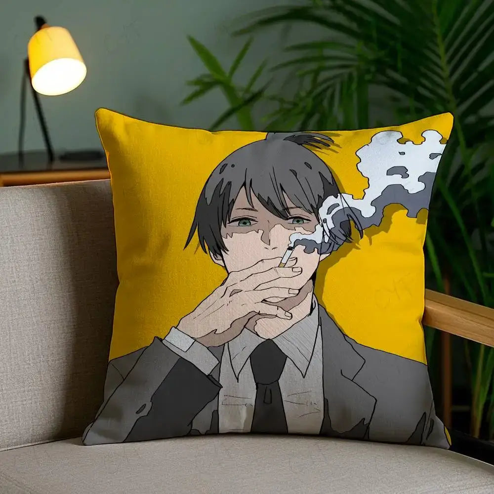 Yellow cushion custom printed pillow case with anime young man in suit smoking cigarette on brushed fleece