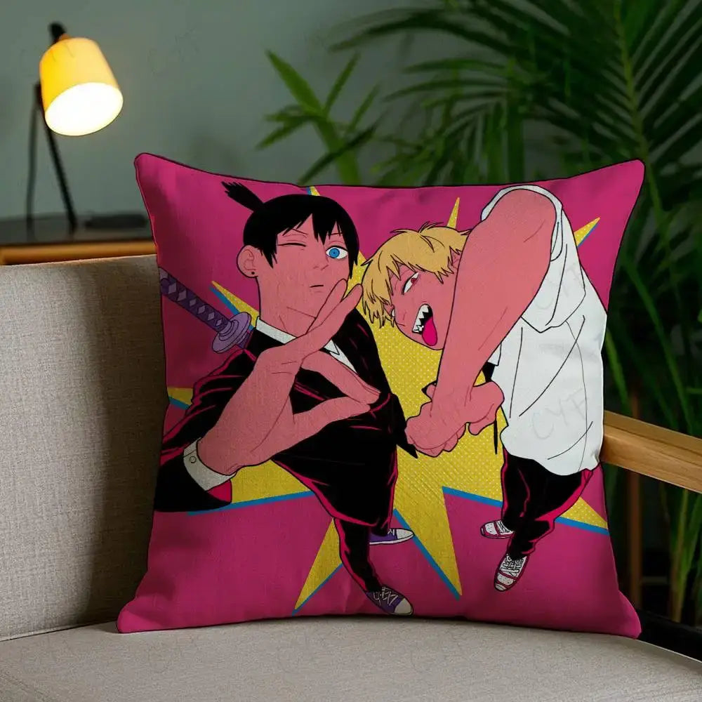 Vibrant pink chainsaw man pochita pillow case with custom printed anime characters on brushed fleece material