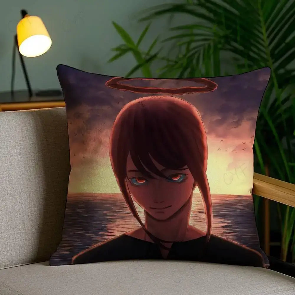 Square cushion pillow case featuring custom printed anime character with red hair glowing eyes on brushed fleece material