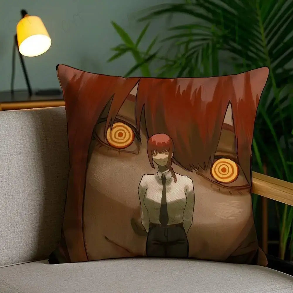 Square brushed fleece pillow case featuring custom printed chainsaw man anime character with red hair and glowing eyes
