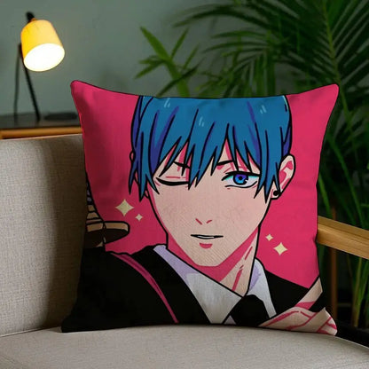 Chainsaw man pochita pillow case brushed fleece with custom printed vibrant pink anime character and glowing blue eye