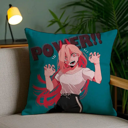 Teal brushed fleece pillow case featuring a custom printed vibrant pink-haired anime character with red horns and power graphic