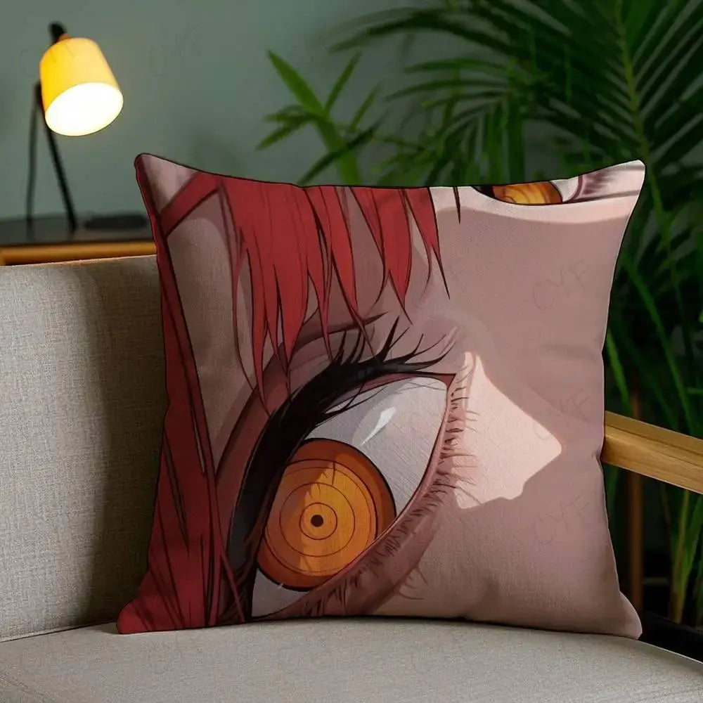 Square brushed fleece pillow case featuring a custom printed close-up of an anime character eye with red hair