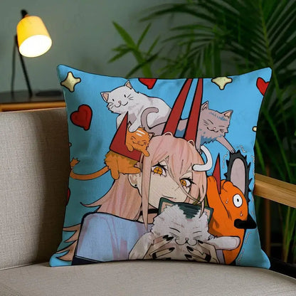 Blue brushed fleece pillow case featuring a custom printed anime character with pink hair surrounded by cats and hearts