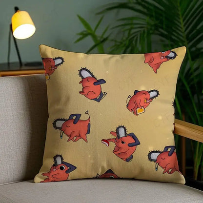 Yellow brushed fleece pillow case featuring custom printed cartoon red chainsaws with black blades and blue arms on beige background