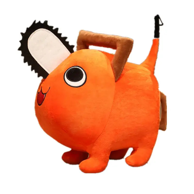 Orange plush pendant shaped like chainsaw with black white blade and brown handle soft stuffed pillow for comfort