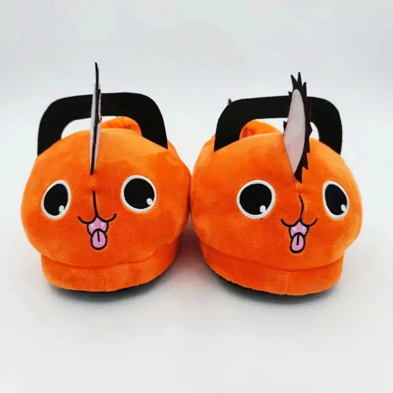 Orange chainsaw man pochita plush slippers made of soft plush with black handles and pink tongues for indoor wear