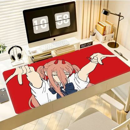 Red chainsaw man anime mouse pad featuring pink hair character with red horns on rubber base oversized deskmat