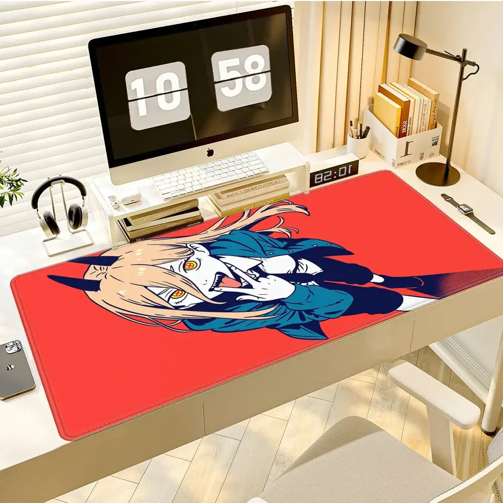 Red chainsaw man power deskmat featuring blonde character with blue outfit rubber base and stitched edges oversized mouse pad
