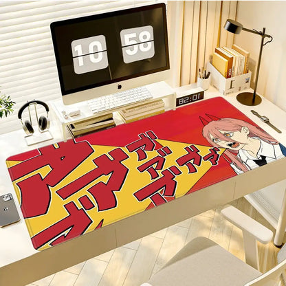 Chainsaw man power deskmat with vibrant red and yellow anime design rubber base stitched edges oversized mouse pad