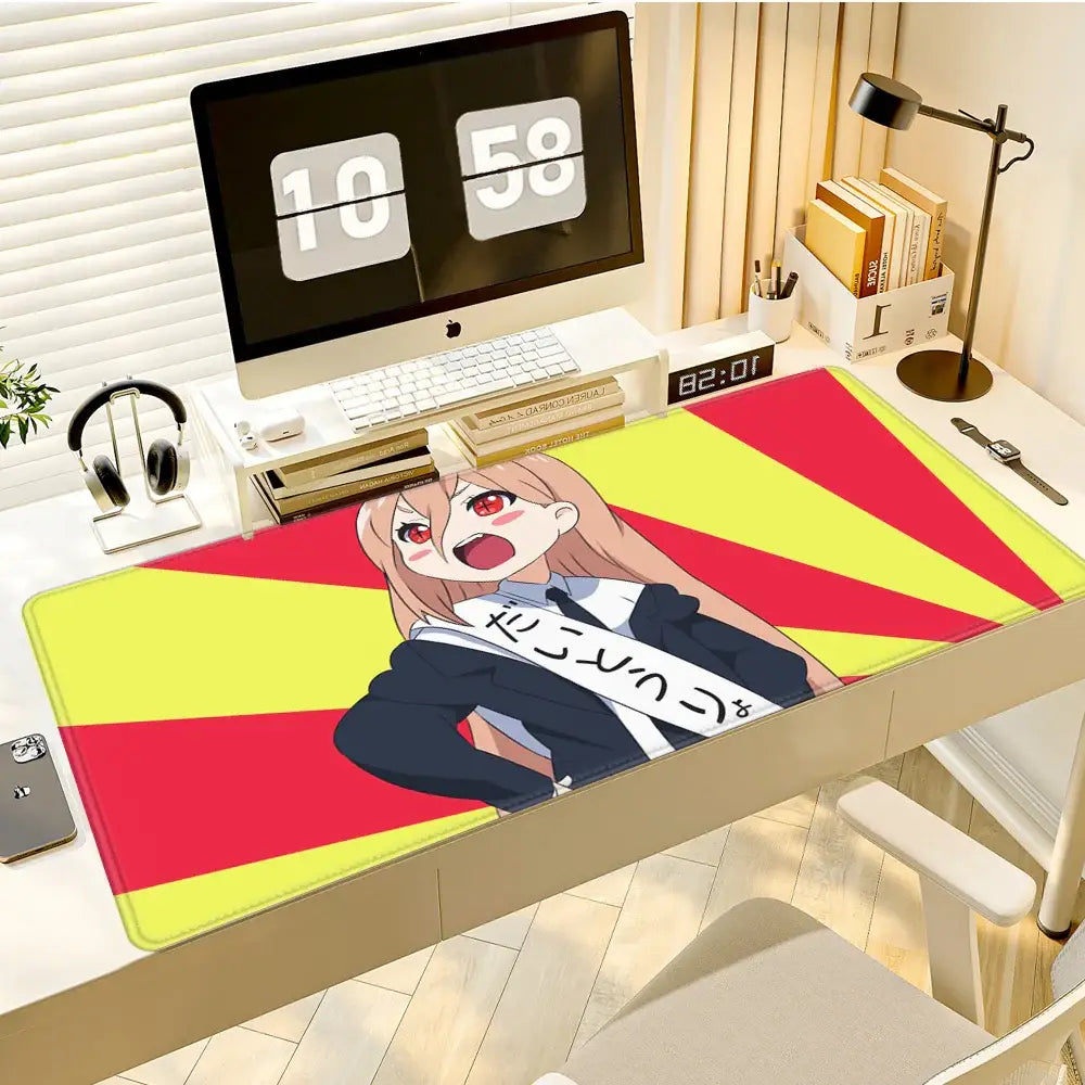 Chainsaw man power deskmat featuring vibrant red and yellow stripes with anime girl on rubber base mouse pad