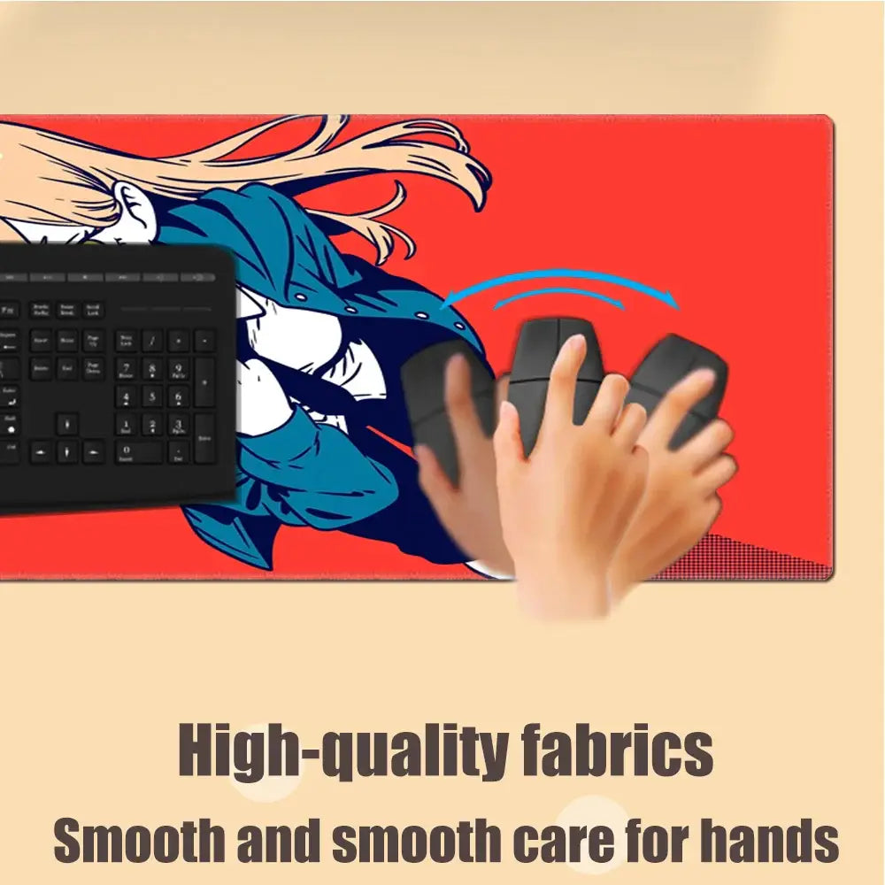 Chainsaw man power deskmat red anime mousepad with stitched edges and rubber base featuring smooth high quality fabric