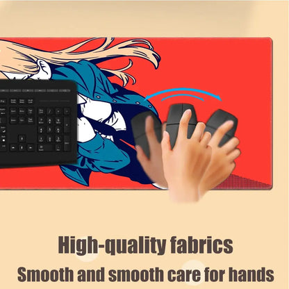Chainsaw man power deskmat red anime mousepad with stitched edges and rubber base featuring smooth high quality fabric