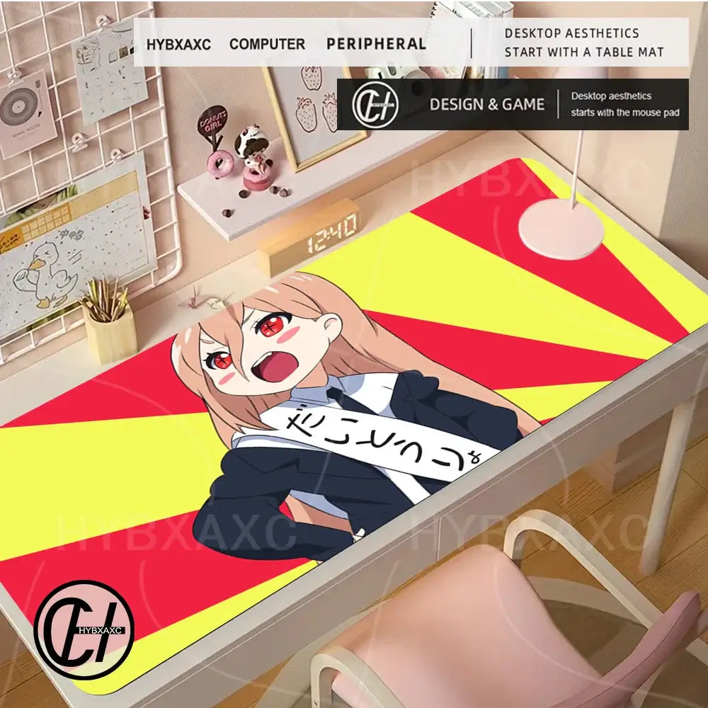 Chainsaw man power deskmat 1000x500 rubber base with stitched edges features red yellow stripes and anime girl design