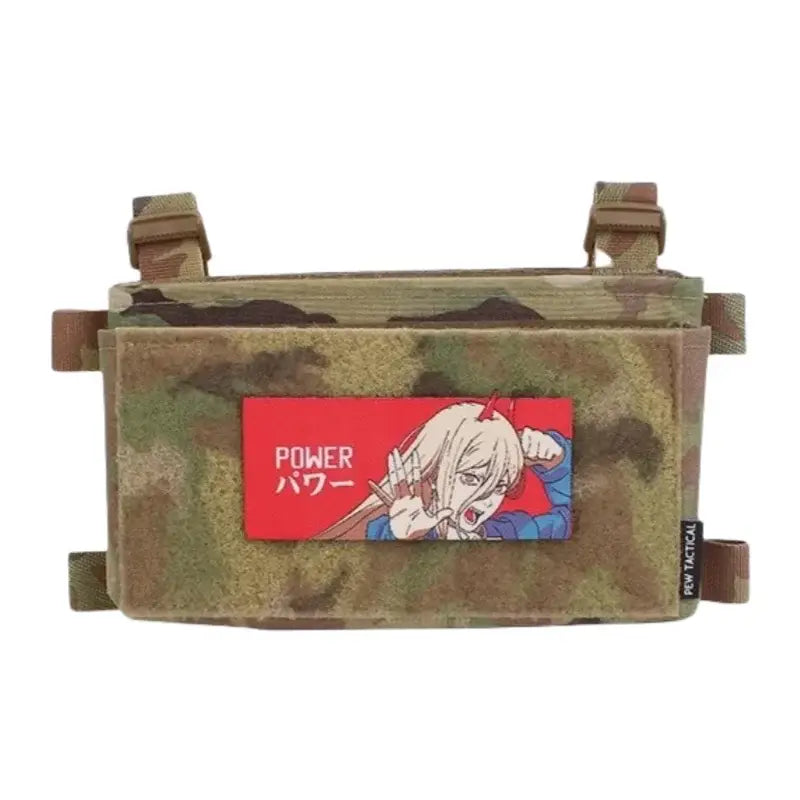 Camouflage tactical chest rig with chainsaw man power embroidered patch and red loop backing badge