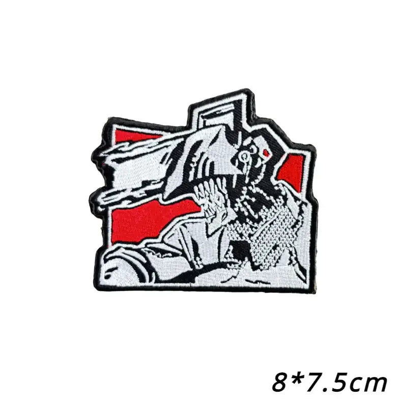 Black and white embroidered patch featuring chainsaw man power holding a briefcase with loop backing on red background
