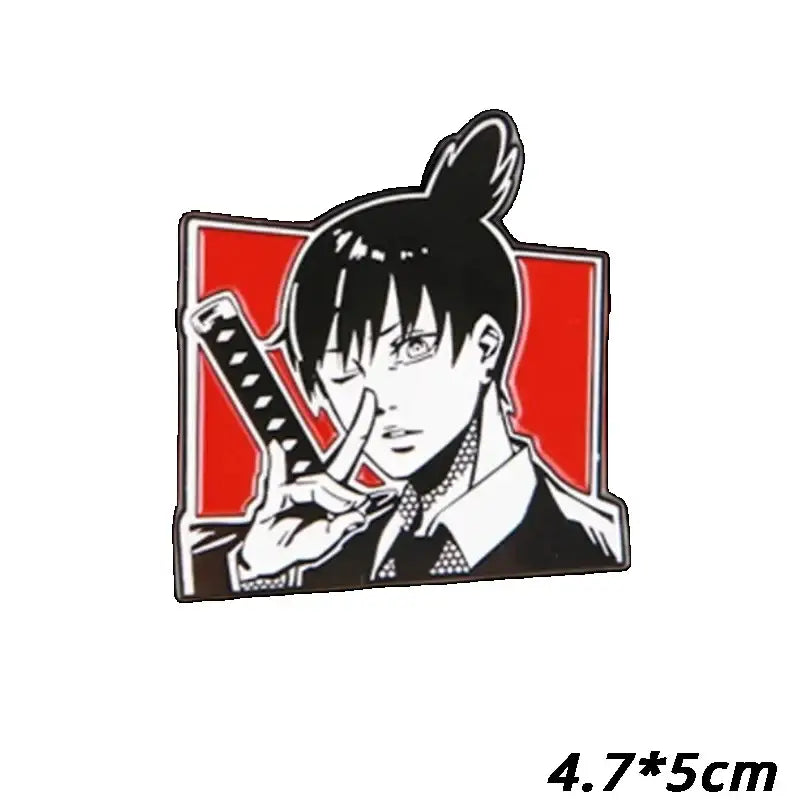 Black and white enamel pin featuring anime character with katana on red background loop backing embroidered patch