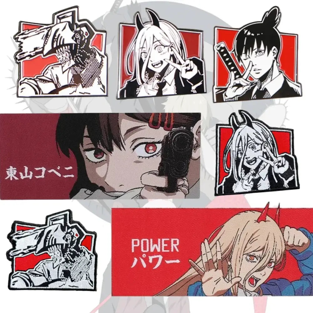 Red and black tokyo revengers embroidered patch with loop backing featuring anime characters from chainsaw man series