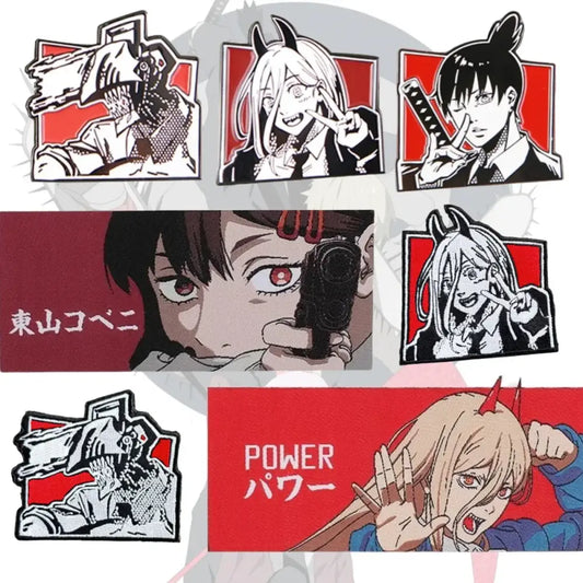 Red and black tokyo revengers embroidered patch with loop backing featuring anime characters from chainsaw man series
