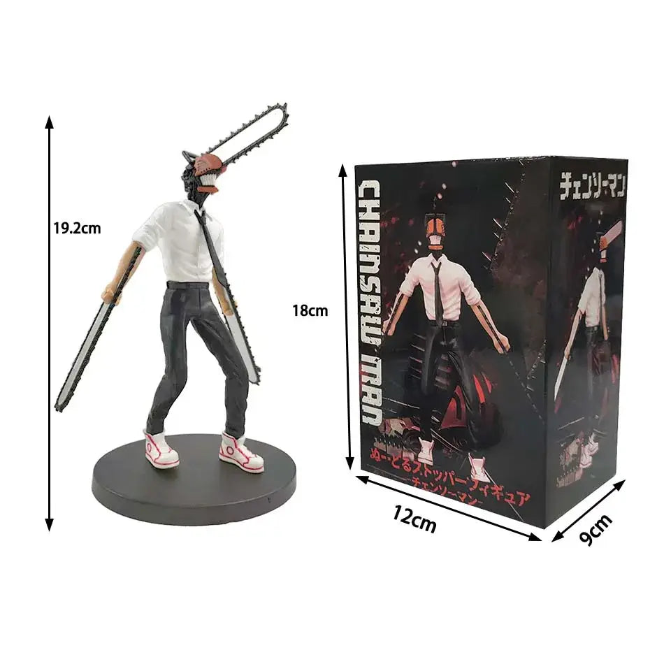 Chainsaw man noodle stopper figurine pvc statue 19.2cm tall with white shirt black pants and pink sneakers holding chainsaws