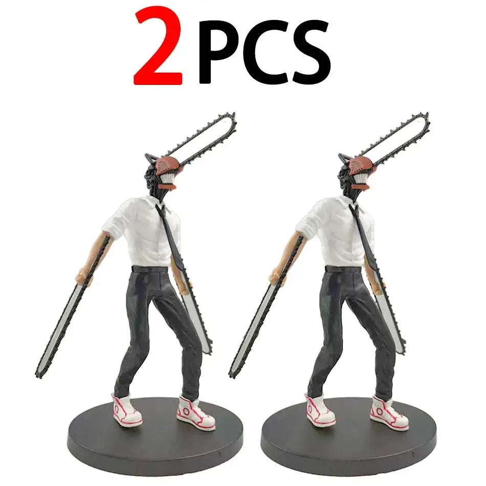 Two identical pvc chainsaw man noodle stopper figurines with chainsaw heads and handheld chainsaws in orange and blue
