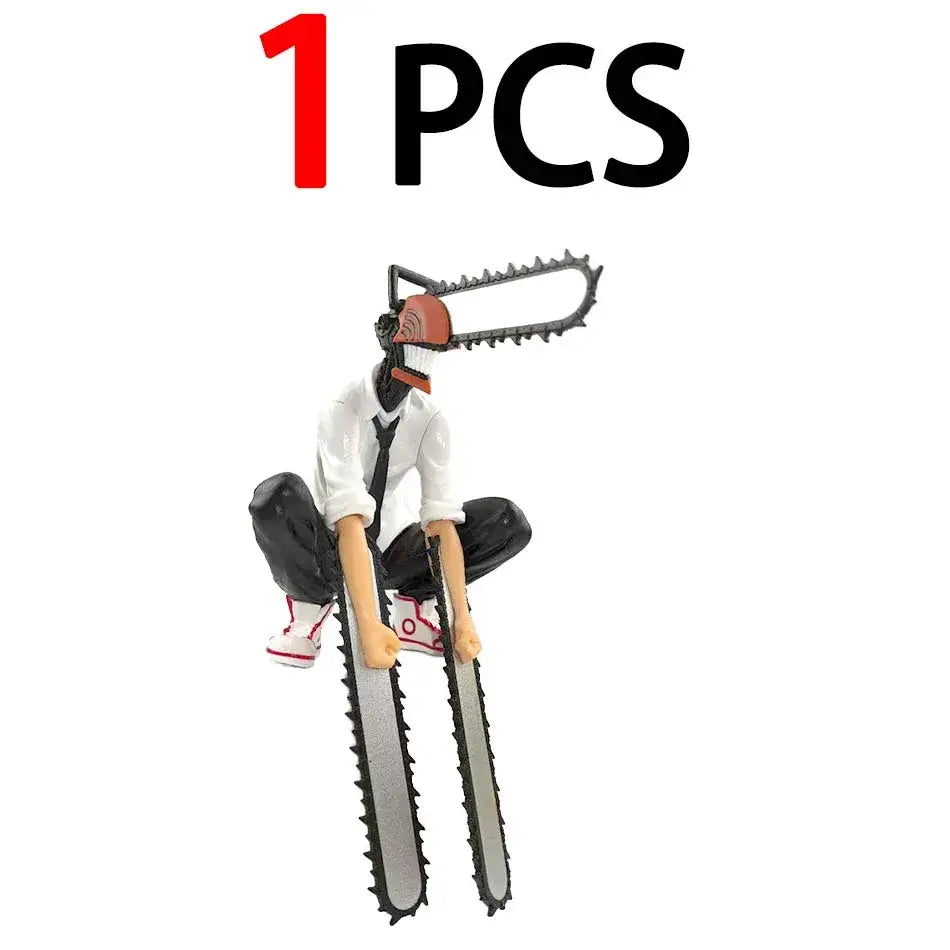 Detailed pvc chainsaw man noodle stopper figurine with chainsaw head wearing white shirt and black pants