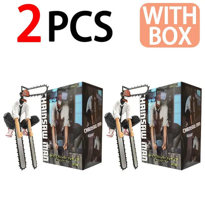 Chainsaw man noodle stopper figurine with red helmet, white shirt, black tie, and dual chainsaws in pvc statue form