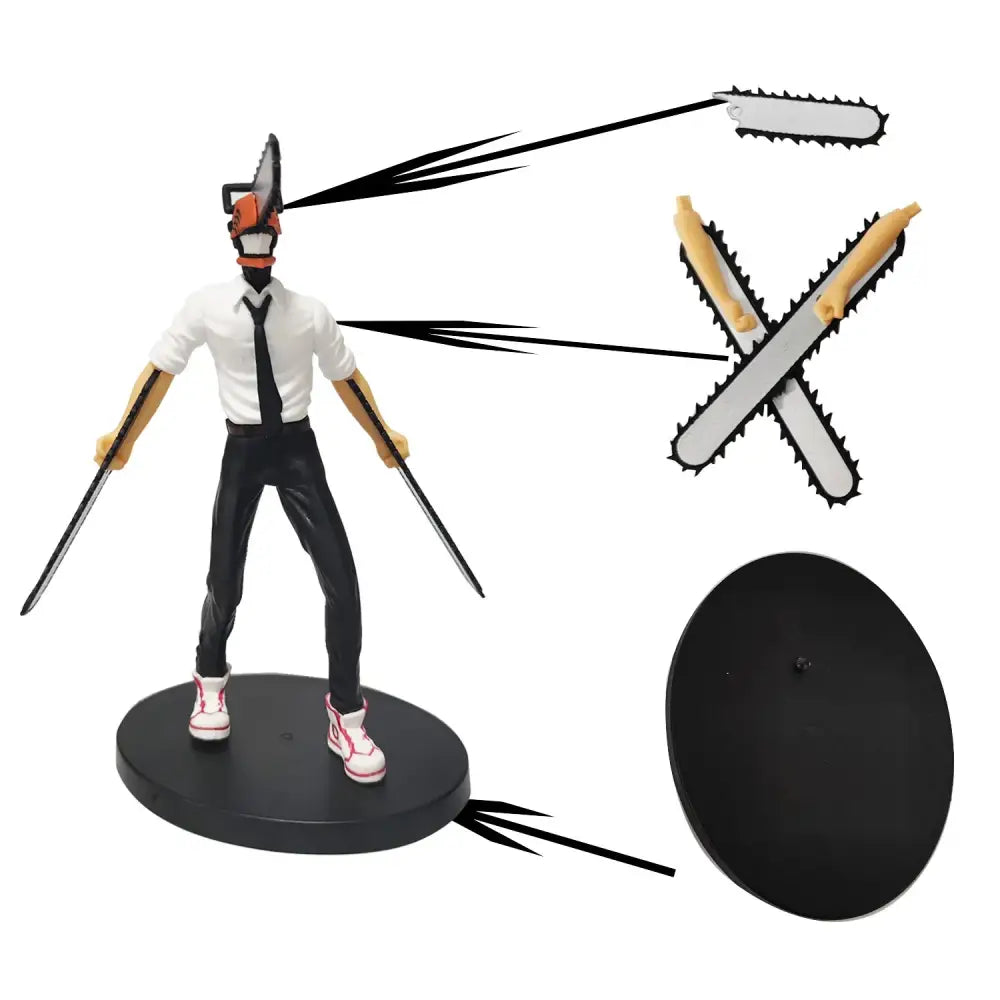 A detailed pvc chainsaw man noodle stopper figurine featuring an orange and black chainsaw head on a circular base