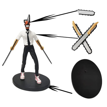 A detailed pvc chainsaw man noodle stopper figurine featuring an orange and black chainsaw head on a circular base