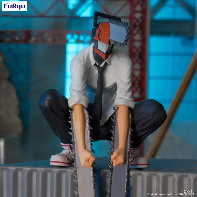 Detailed chainsaw man anime figure in white shirt and black tie holding two chainsaws noodle stopper pvc figure