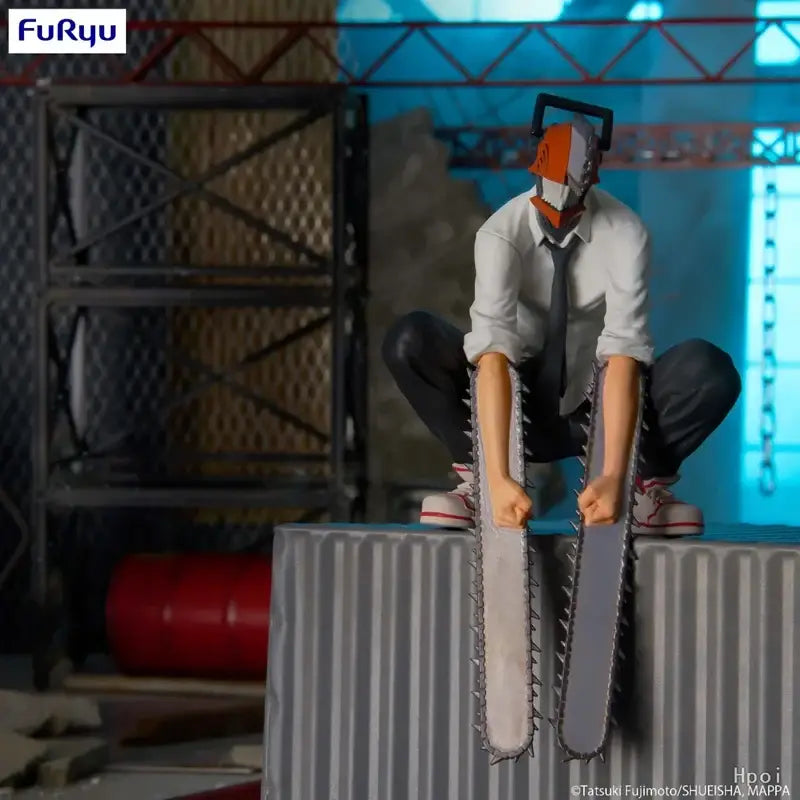Detailed chainsaw man anime figure with white shirt black tie and orange gray chainsaw helmet noodle stopper pvc figure
