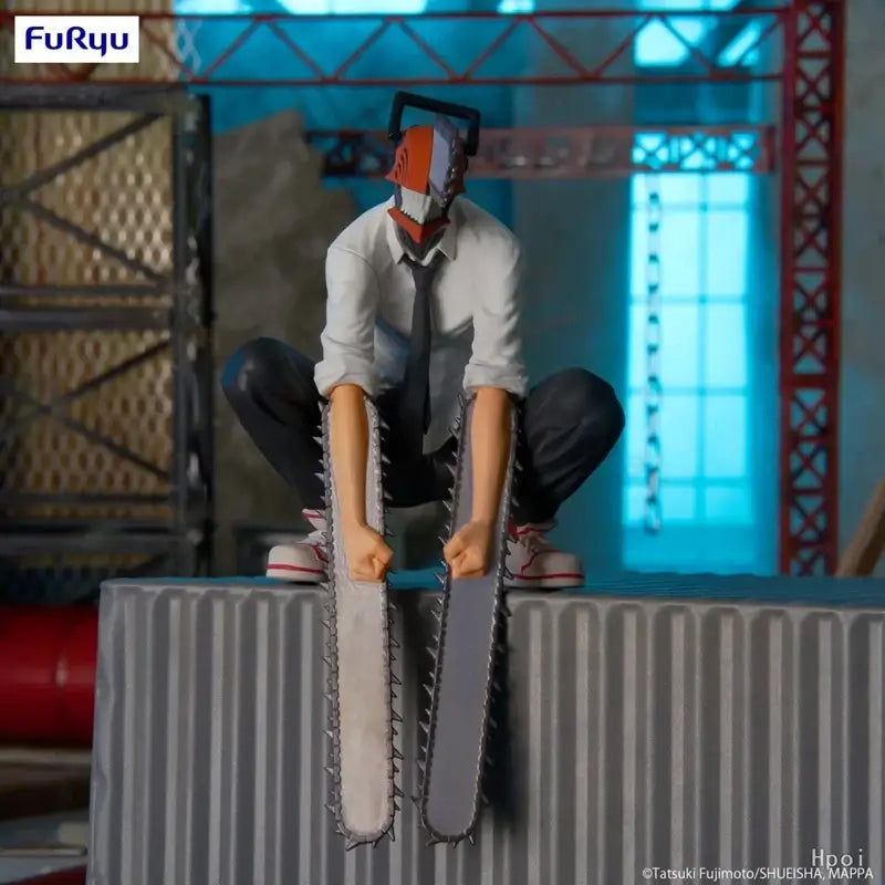 Furyu chainsaw man anime figure in white shirt black tie with orange gray chainsaw helmet noodle stopper pvc figure