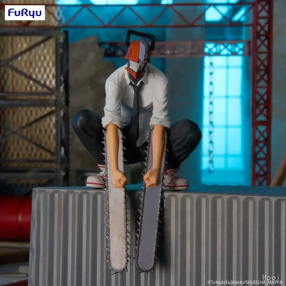 Furyu chainsaw man anime figure in white shirt black tie with orange gray chainsaw helmet noodle stopper pvc figure