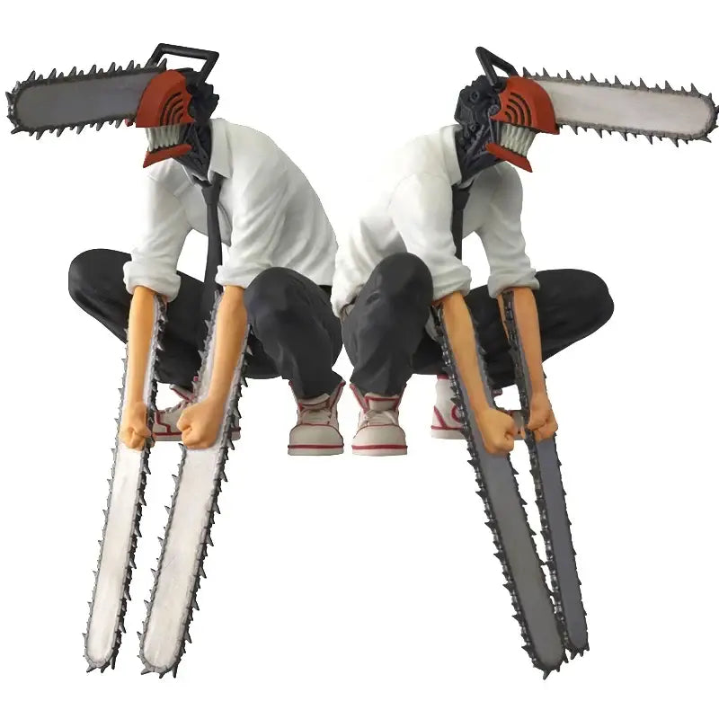 Two chainsaw man anime figures in white shirts black pants and chainsaw heads designed as noodle stopper pvc figures